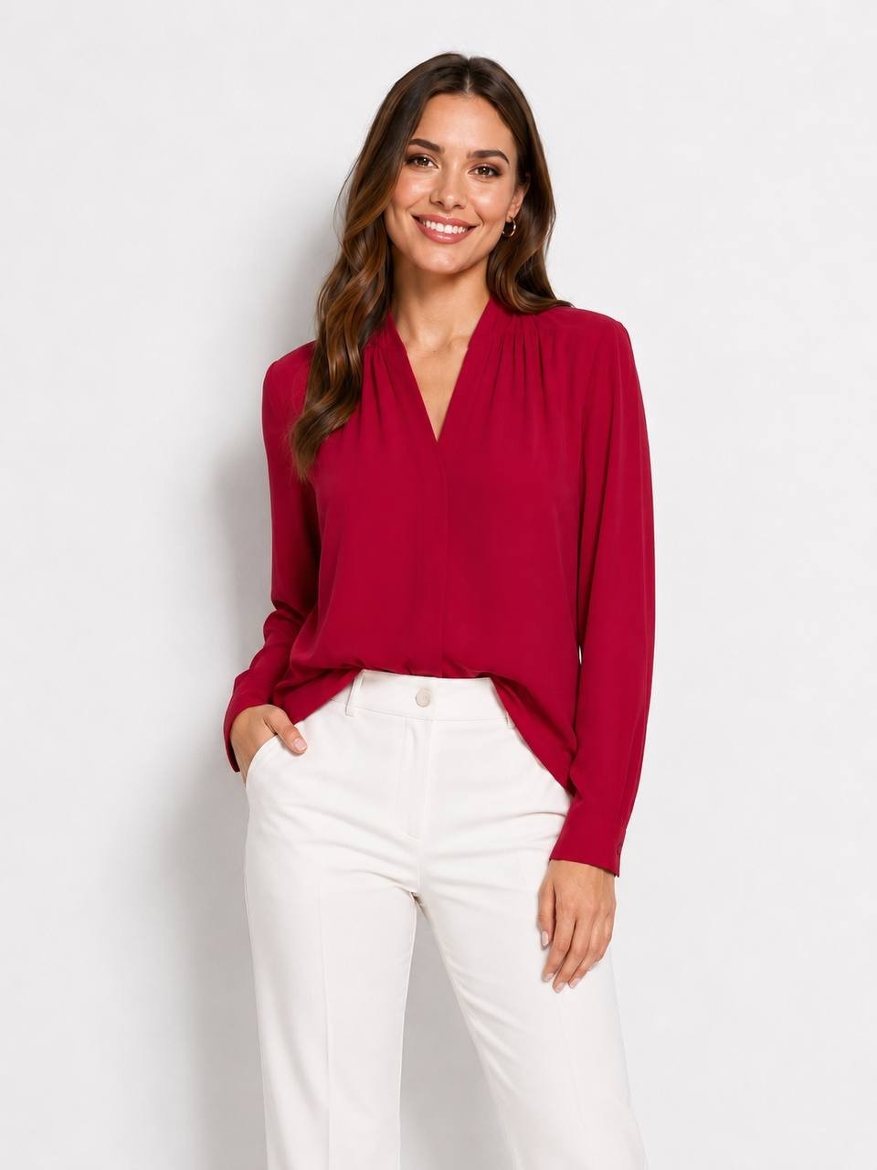 Kasper V‑Neck Blouse – Crimson – Long Sleeve - NWT - RED