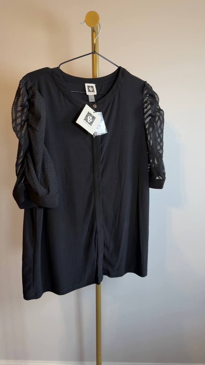 Anne Klein Mixed‑Media Elbow‑Sleeve Hidden‑Placket Top Black L NWT $89