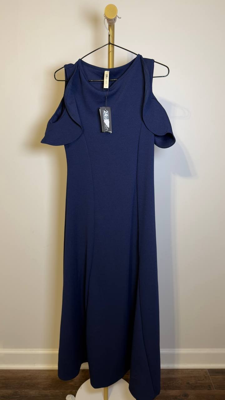 24seven Comfort Apparel Ruffle Cold Shoulder A‑Line Maxi Dress Navy M NWT $90