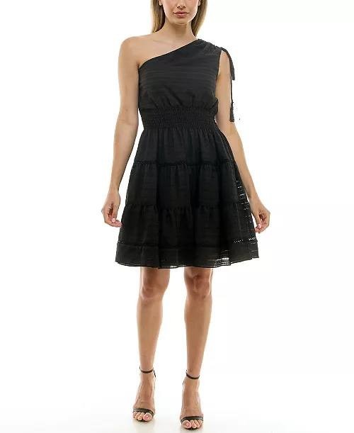 Taylor One‑Shoulder Seersucker Fit & Flare Dress –Black –Size M – NWT
