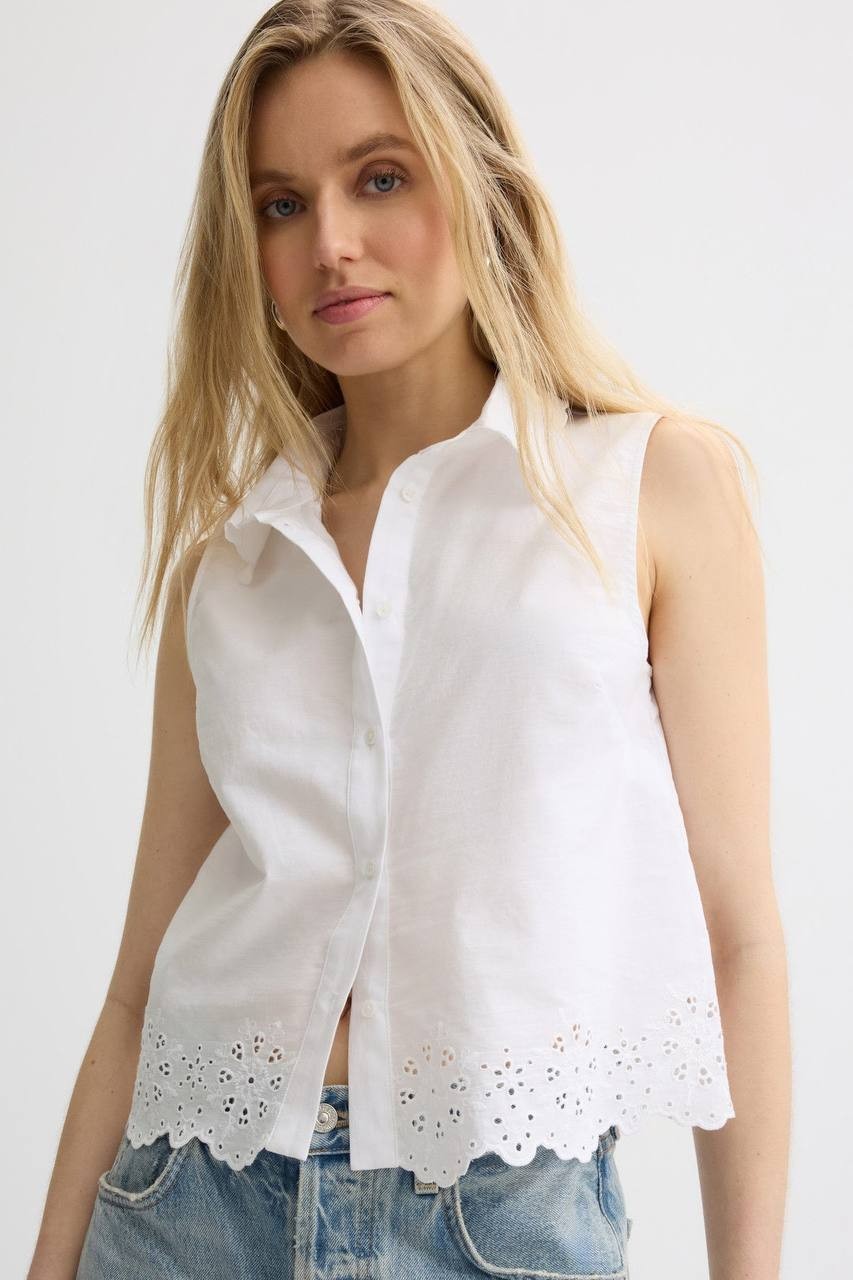CeCe Eyelet Embroidery Button-Up Blouse White XS NWT $79