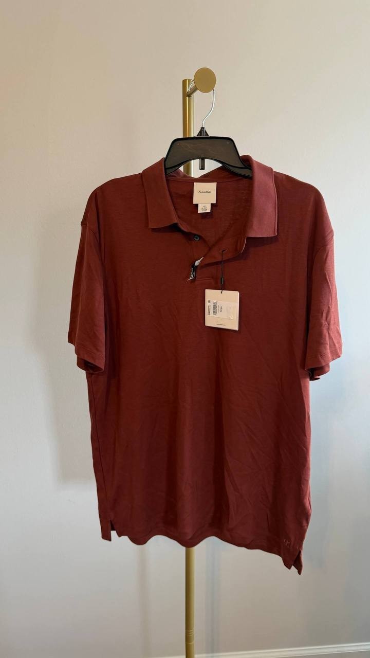 Calvin Klein Men’s Polo Shirt Rust Brown L/G Cotton Blend $89 NWT
