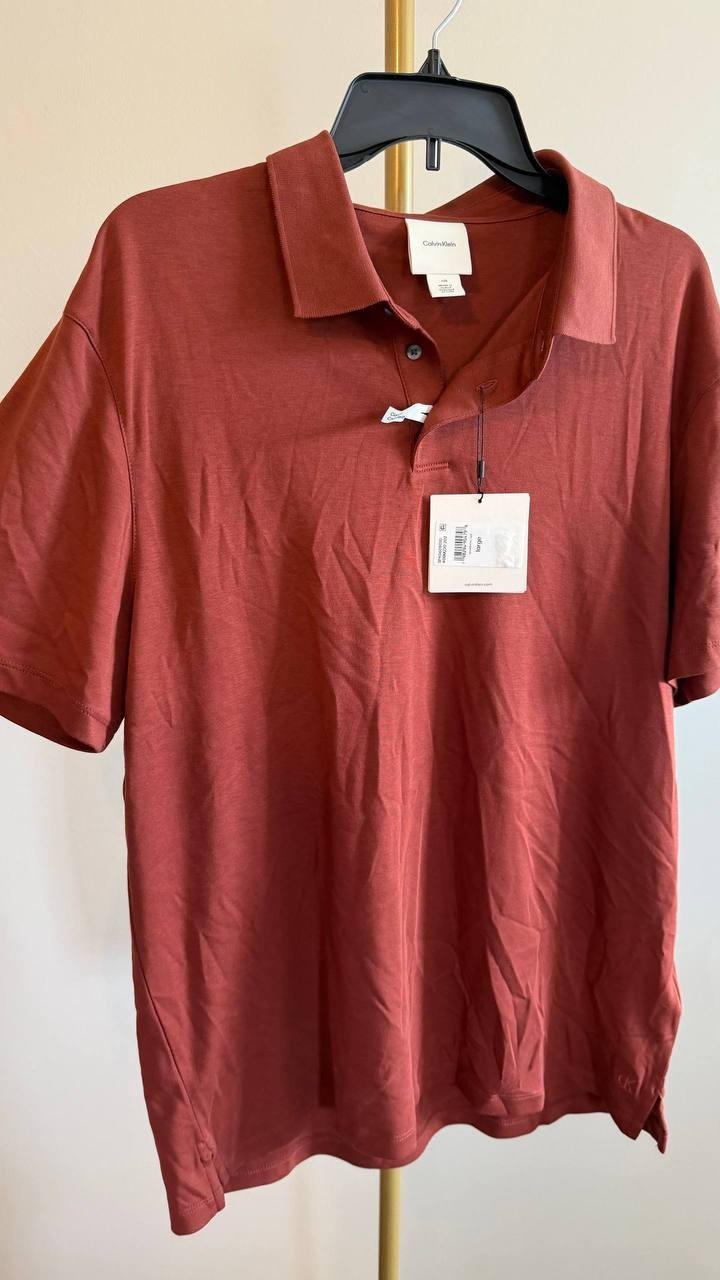 Calvin Klein Men’s Polo Shirt Rust Brown L/G Cotton Blend $89 NWT