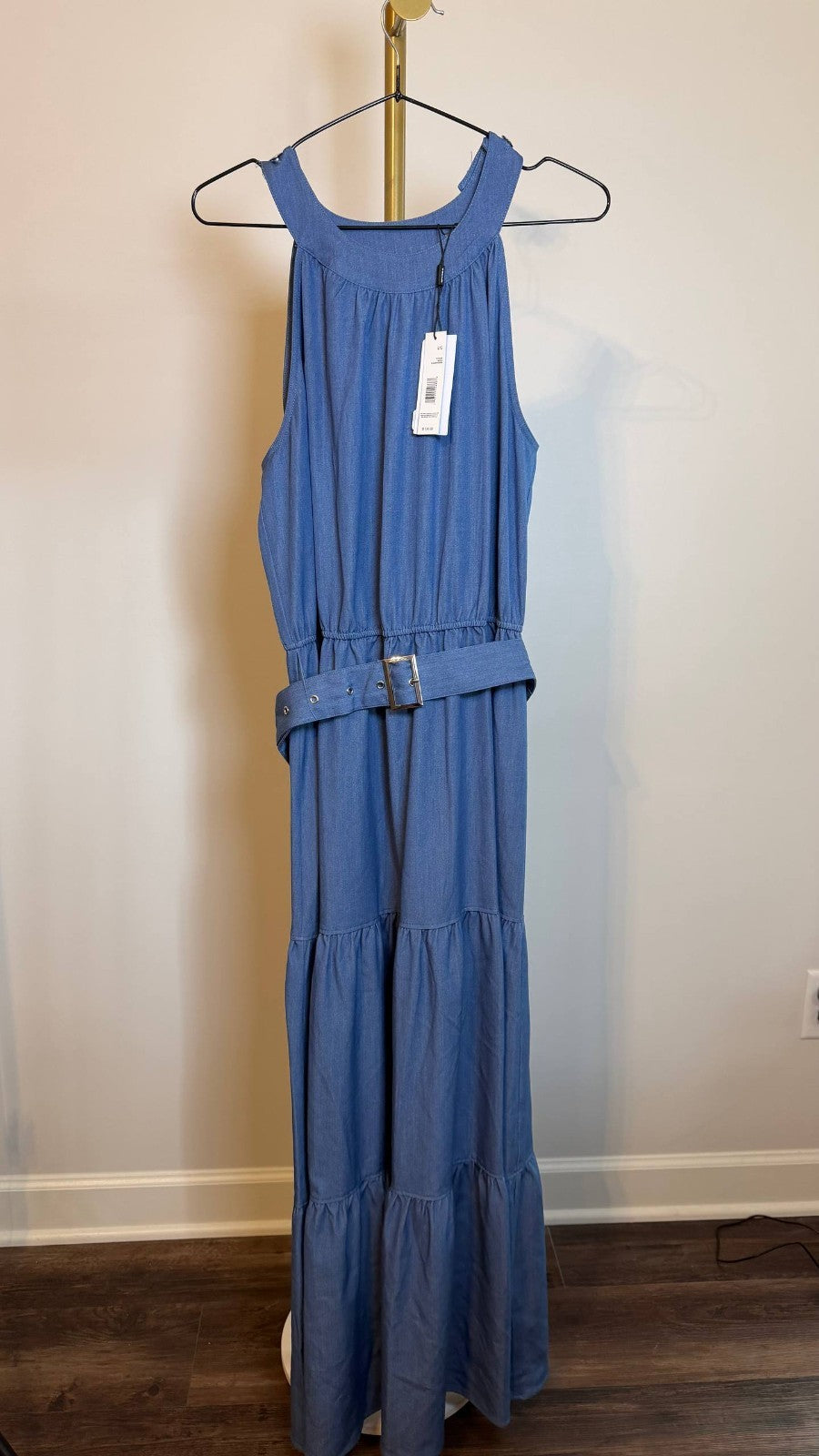 T Tahari Women’s Tiered Fit & Flare Halter Maxi Dress Blue $138 NWT