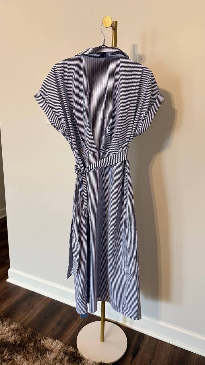 Cupshe Blue Pin‑Stripe Collared Wrap Midi Dress Size S NWT Summer msrp$50.99