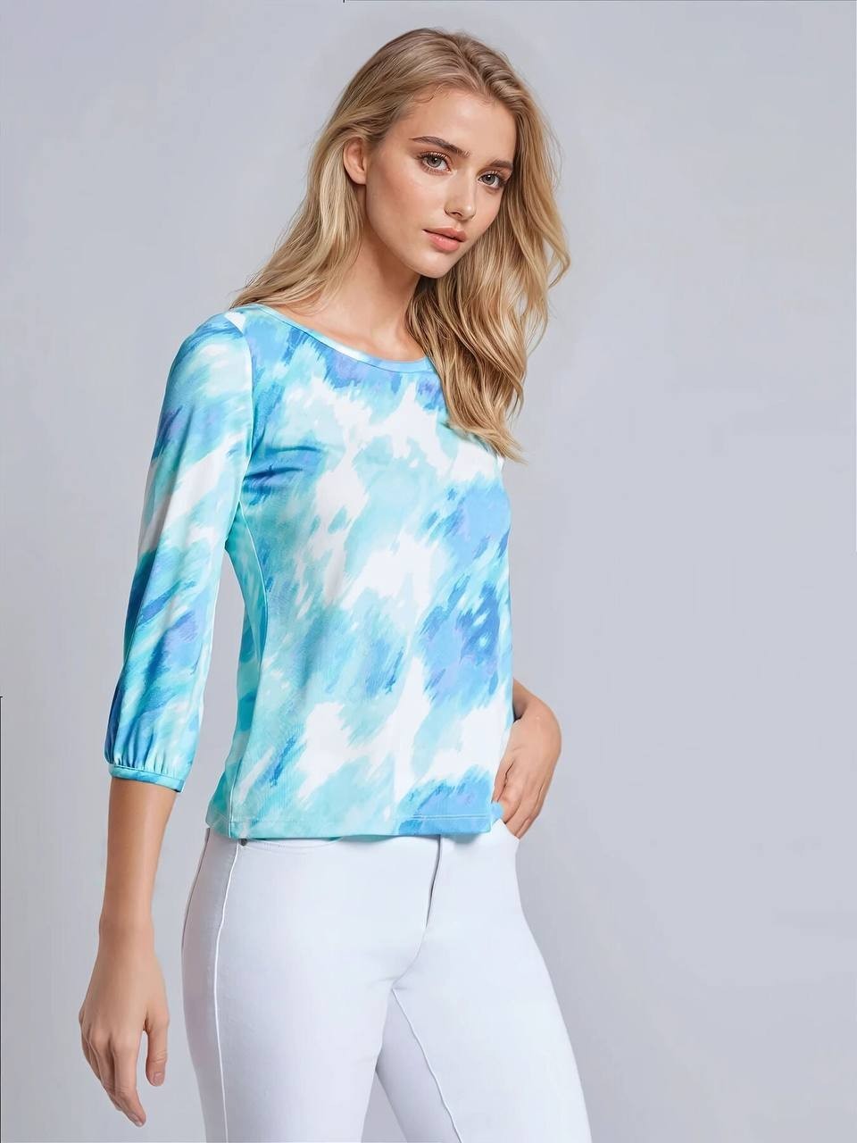 Jones New York Women’s Watercolor‑Print 3/4‑Sleeve Top Blue Multi S $59.50 NWT