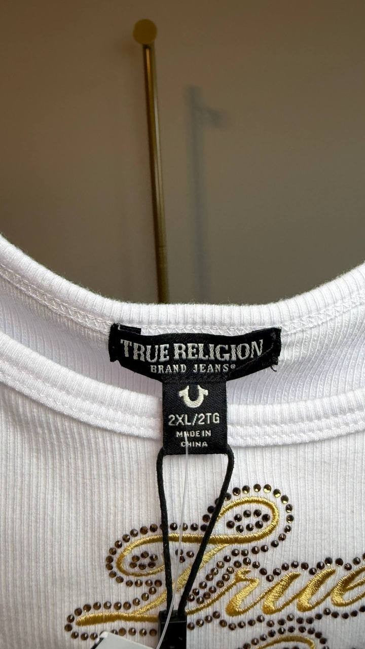 True Religion Raw Hem Crystal Logo Tank Top White XXL NWT $59