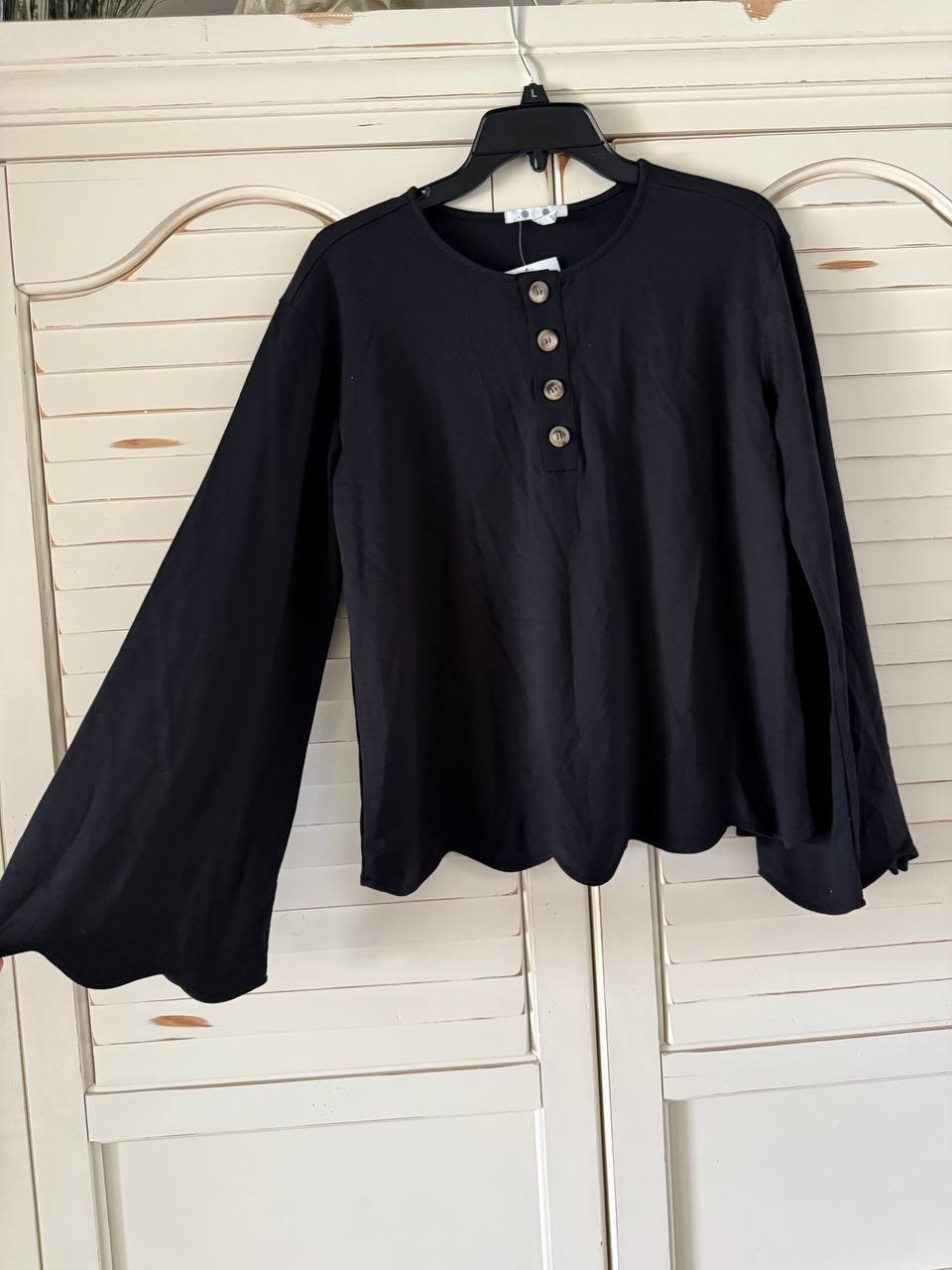 Three Dots Crystal Bell Long Sleeve Tee, Henley Neckline, Black Beauty S