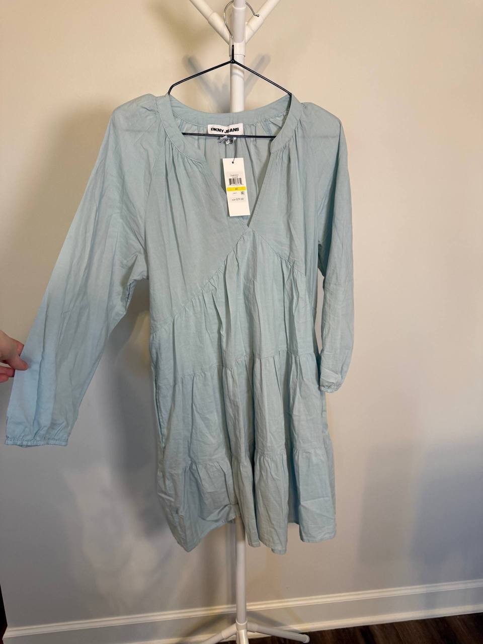 DKNY Tiered V‑Neck Puff‑Sleeve Midi Dress BLUE– Size M – NWT – MSRP$79