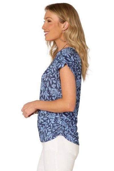 Democracy Printed Cap‑Sleeve Top Provence Blue PXL NWOT $48