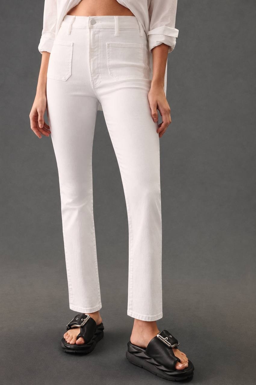 Mother The Hustler Patch Pocket High‑Rise Ankle Fray Jeans White 26 NWT $268