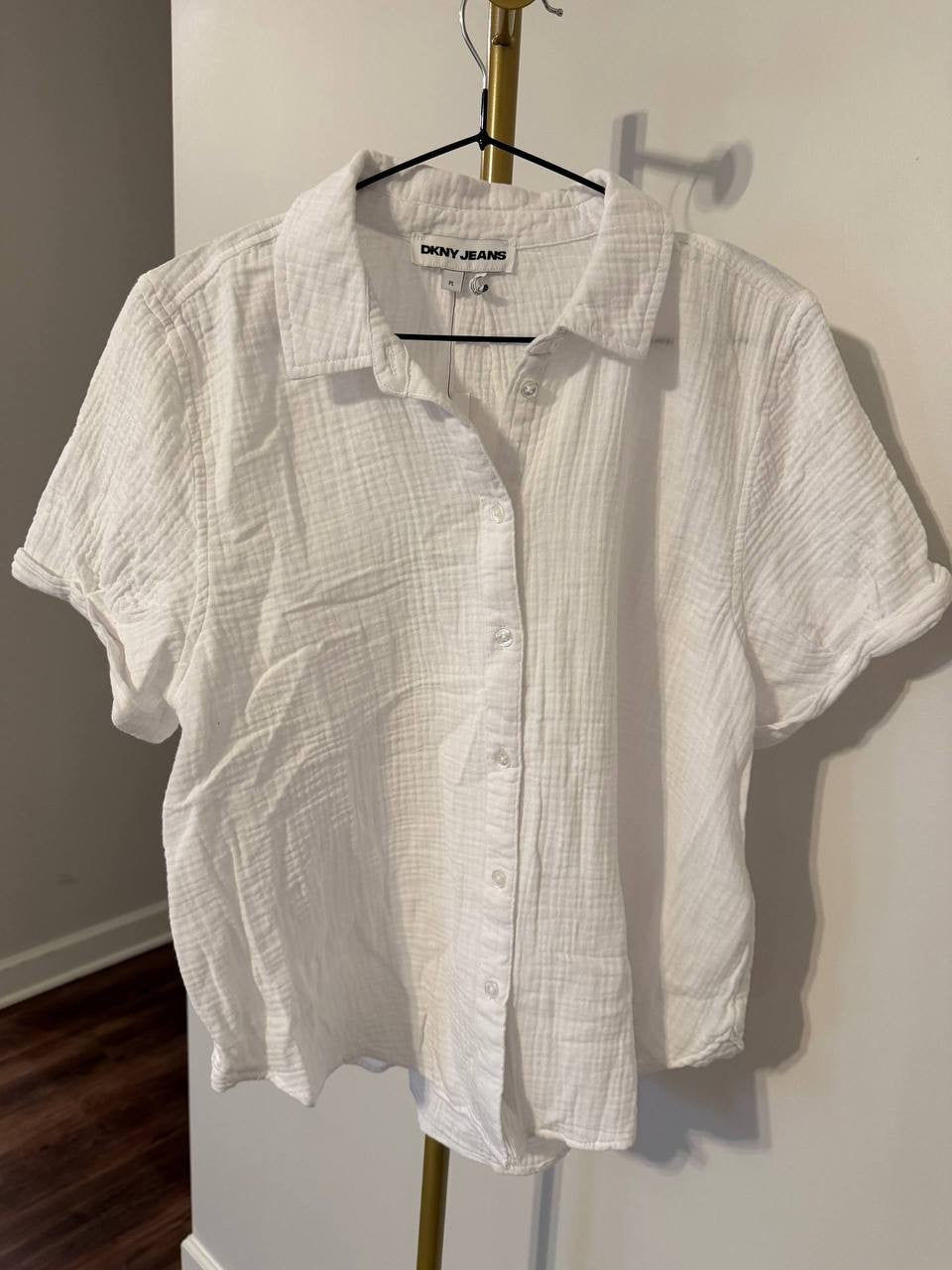 DKNY JEANS Short‑Sleeve Gauze Camp Shirt White PL Petite NWT $59
