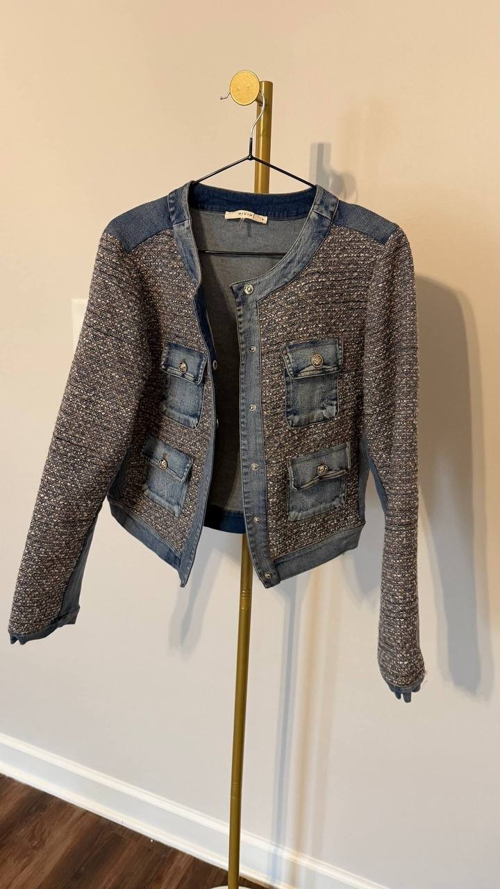 Rivir Tweed & Indigo Elegance Jacket M NWOT Missing Button Statement Piece