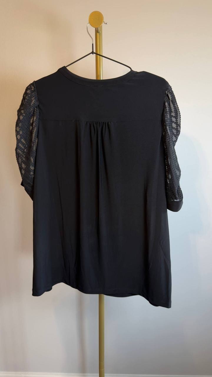 Anne Klein Mixed‑Media Elbow‑Sleeve Hidden‑Placket Top Black L NWT $89