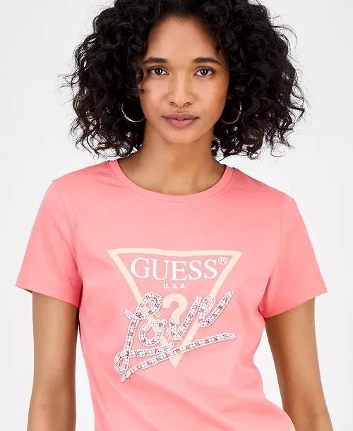 GUESS Embellished Love Triangle Tee Revival Rose Cotton Crew Neck S NWT