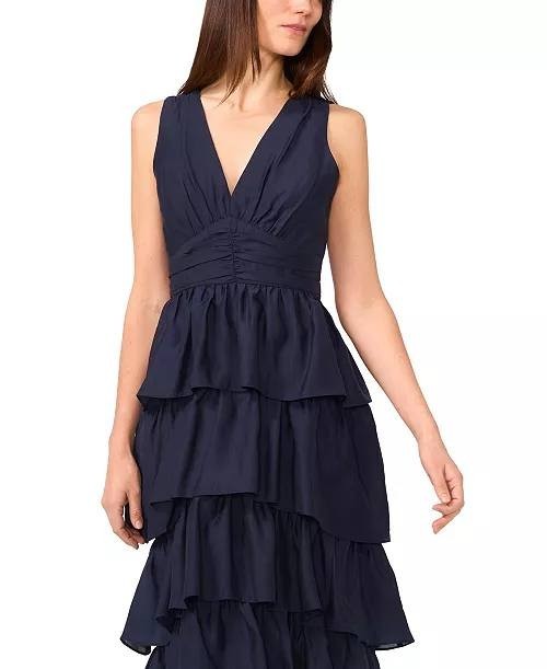 1.STATE Indigo Night Maxi Dress, V-Neck, Cascading Ruffle, Size 4, Sleeveless