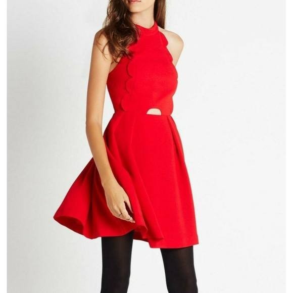 BCBGeneration Dress 8 Red Scallop Halter Cutout Flared Skirt Party Used Good