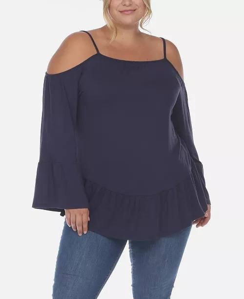 White Mark Plus Size Cold Shoulder Ruffle Sleeve Top Navy 2XL NWT $52