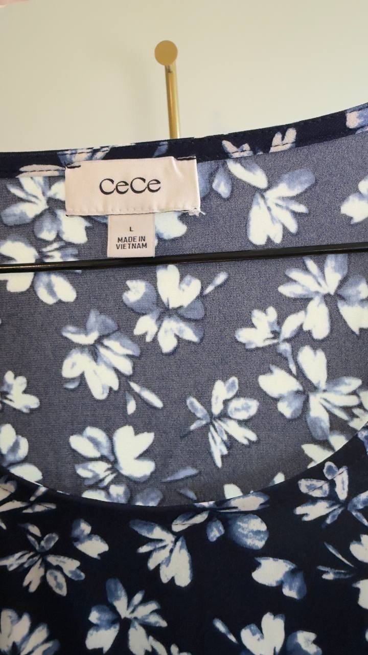 CeCe Scoop‑Neck Printed Elbow‑Sleeve Top L Classic Navy NWT $49