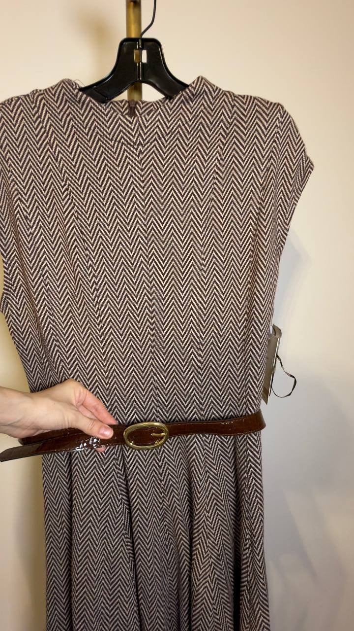 Taylor Women’s Belted Jacquard A‑Line Dress Brown Cream 12 NWT $128