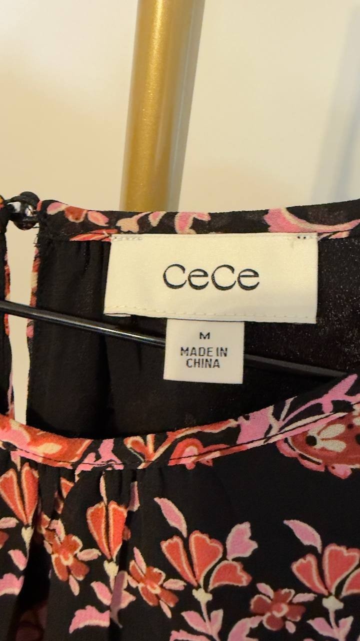 CeCe Short-Sleeve Printed Maxi Dress Rich Black M NWT $139