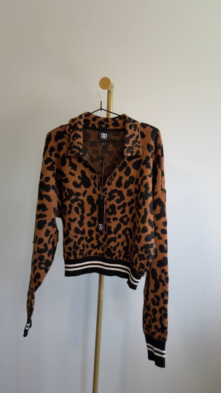Dee Ocleppo Barbara Leopard Sweater Neutral Animal Jacquard L NWT $79