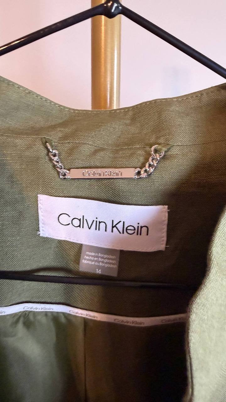 Calvin Klein Women’s Green Petite Linen-Blend 3/4-Sleeve One-Button Blazer Size