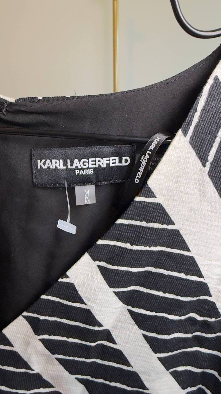 Karl Lagerfeld Paris Geo‑Print V‑Neck Midi Dress Black/White M NWOT $159