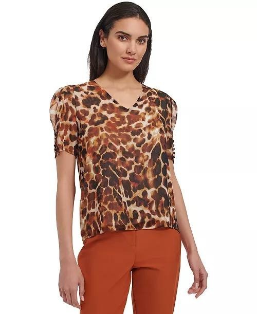 Calvin Klein Animal-Print Top – Size 2X – NWT – V-Neck Short Sleeve