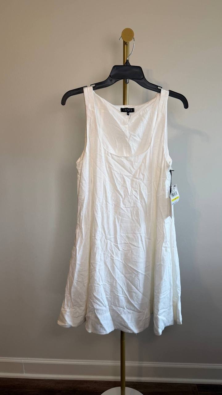 1.STATE Scoop‑Neck Full‑Circle Linen‑Blend Mini Dress White M NWT $99