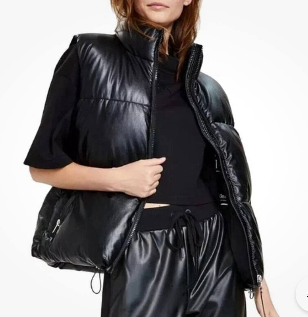 Calvin Klein Jeans Women's Puffer Vest NWT Black Shiny Faux Leather Size S