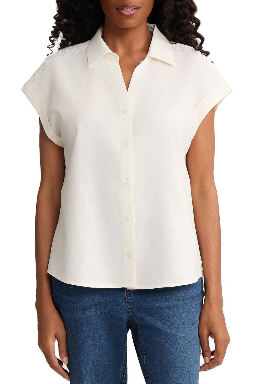 Jones New York Lace Detail Linen Blend Button-Up Shirt White XL NWT $89.50