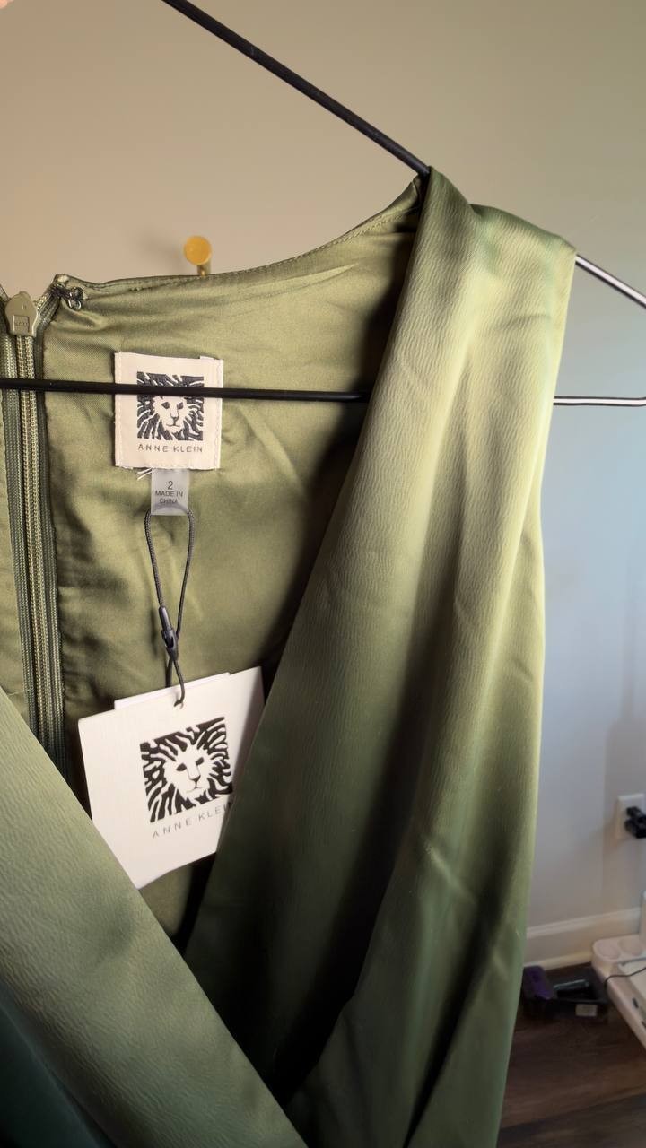 Anne Klein Surplice Handkerchief-Hem Sleeveless Midi Dress Olive 2 NWT $129