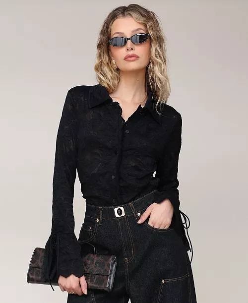 Avec Les Filles Button‑Front Flared‑Sleeve Lace Shirt – Size L – NWT – $109