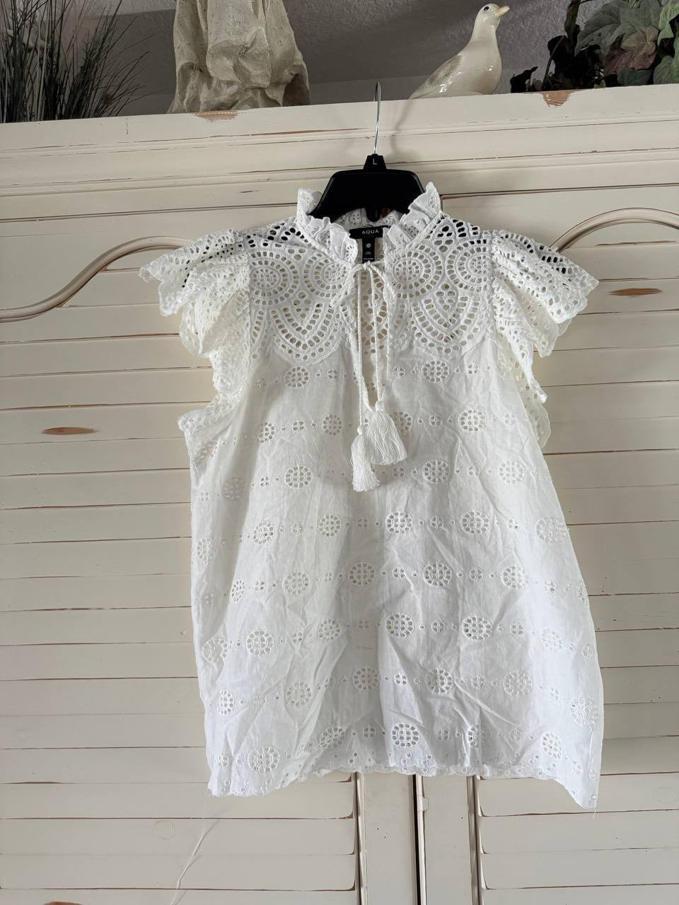 Aqua White Anglaise Top XS Cotton Embroidered Romantic Boho Minor Flaw