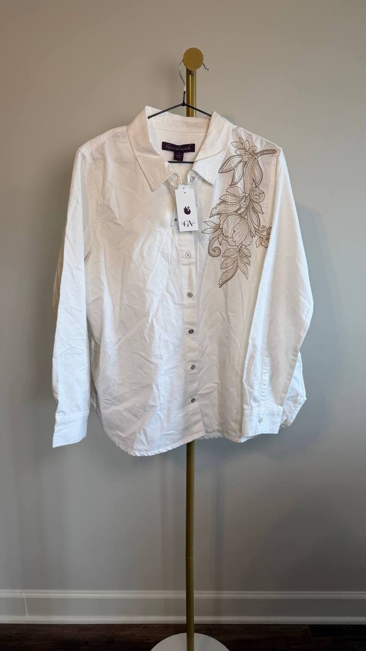 Gloria Vanderbilt Laine Cotton Embroidered Shirt White L NWT $54