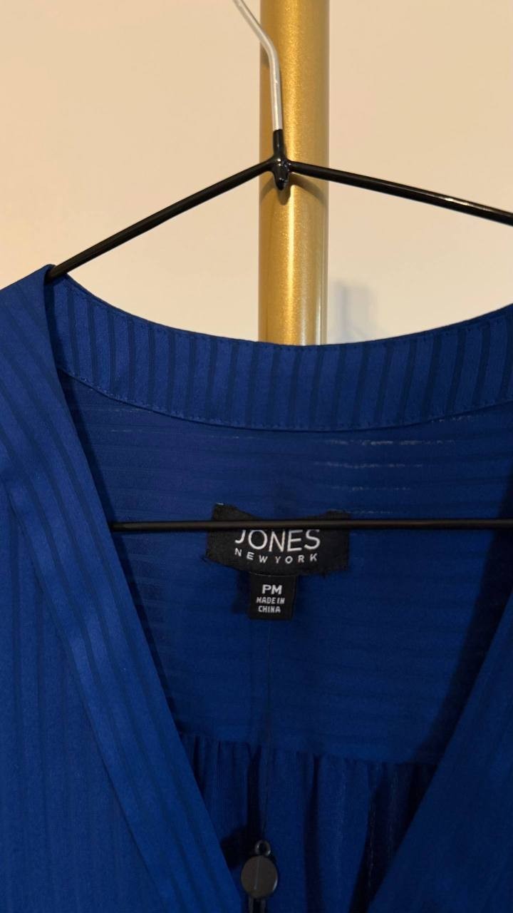 Jones New York Petite Striped Blouson‑Sleeve V‑Neck Blouse Blue PM $69.50 NWT