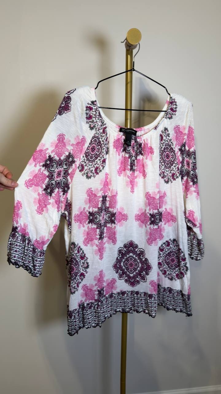 INC International Concepts Printed Flounce Peasant Top Pink Multi 2X NWOT $64.50