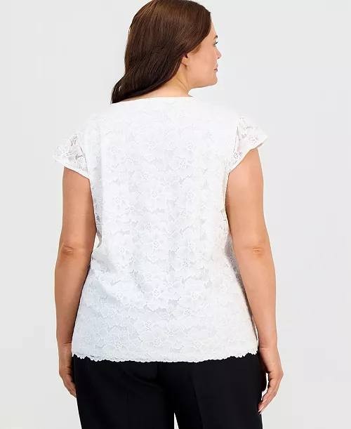 Kasper Plus Size Stretch Lace Flutter-Sleeve Top Lily White 2X NWT $69