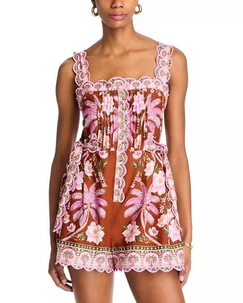 FARM Rio Palm Dream Pleated Romper XS NWT Floral Linen-Blend One-Piece