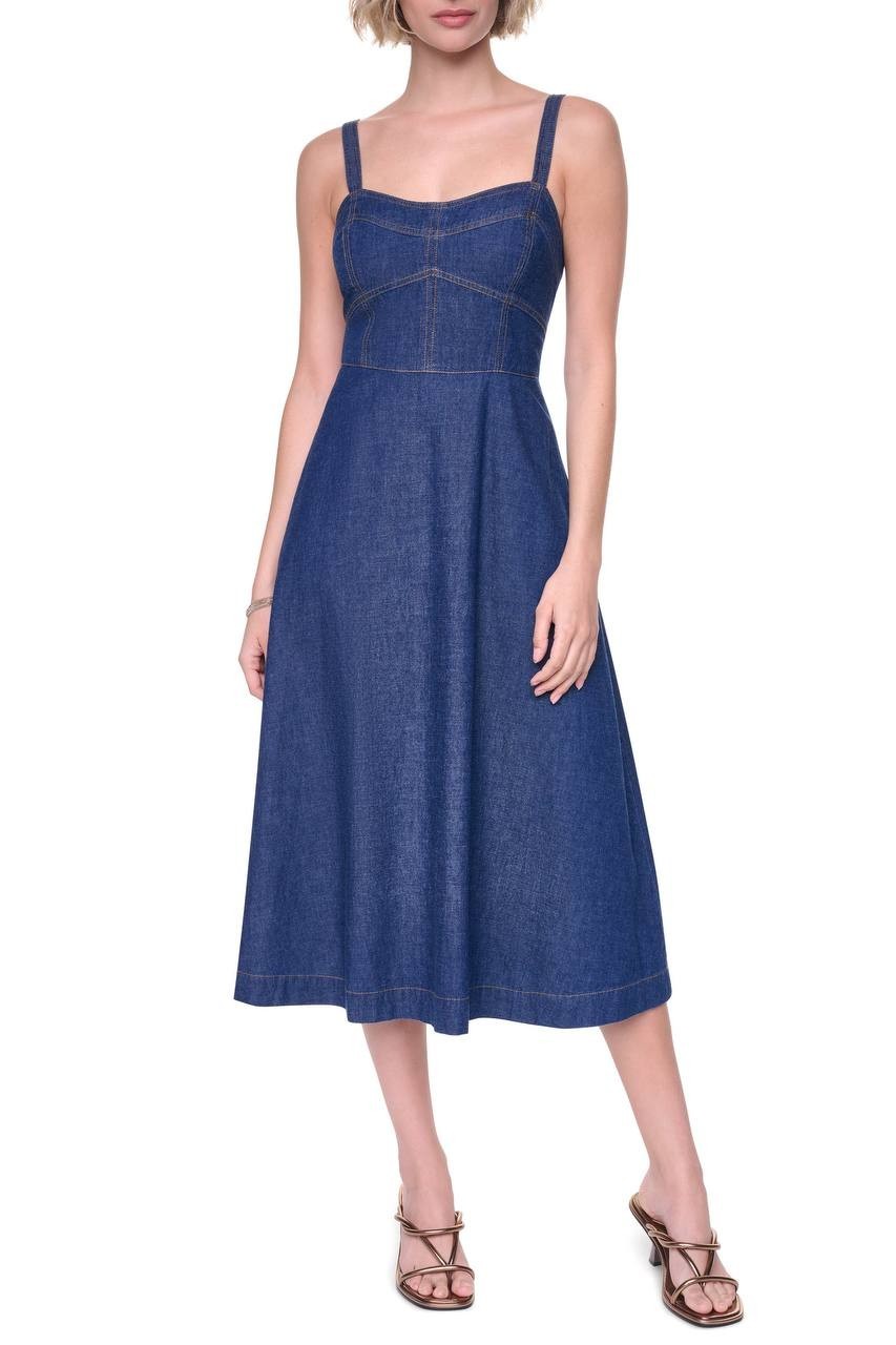 DKNY Contrast Stitch Denim Midi Dress Crosby Wash XL NWT $159
