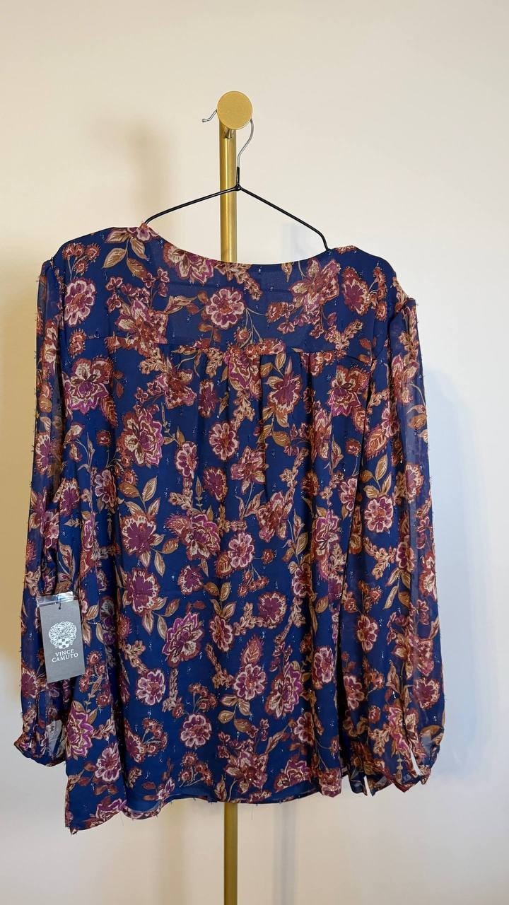 Vince Camuto Women’s Plus Split‑Neck Floral Blouse Navy 3X $89 NWT