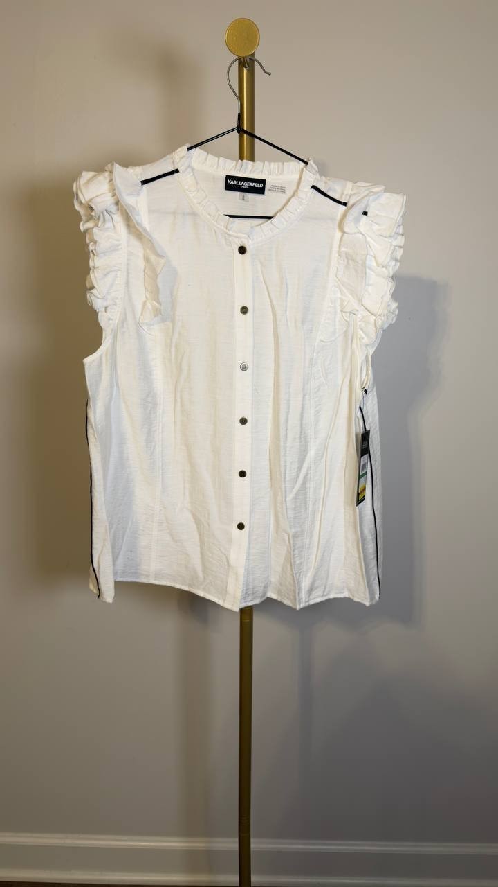 KARL LAGERFELD PARIS Ruffled-Sleeve Button-Front Blouse White Size L 2663