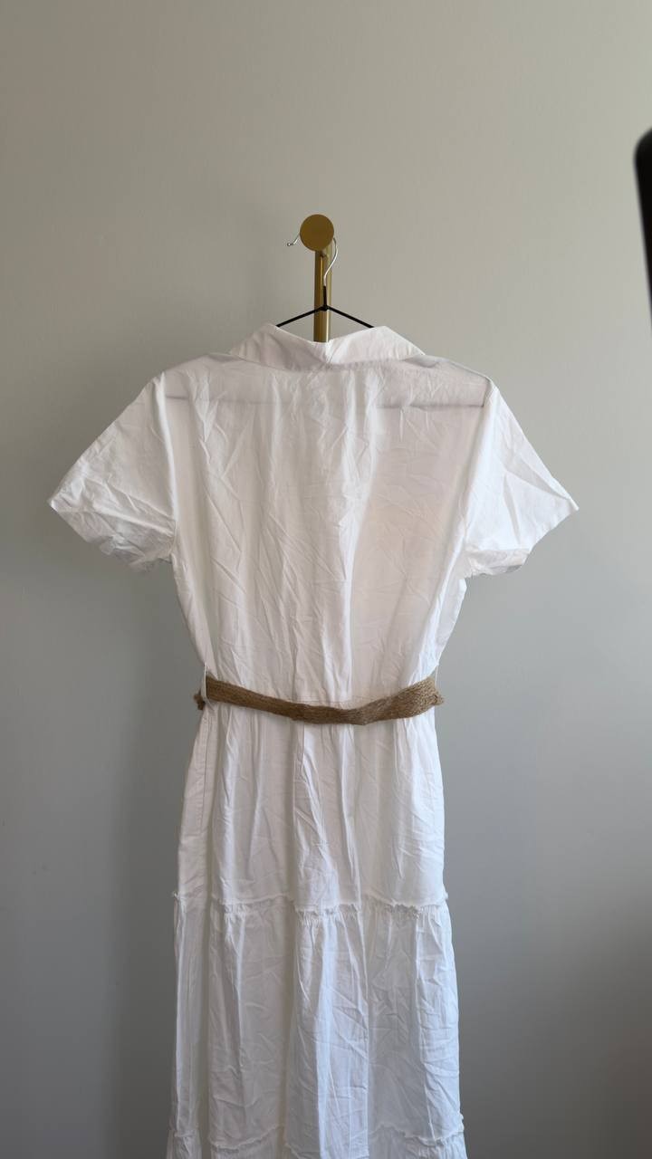Her Destiny White Button-Front Tiered Dress Belted M NWT $118