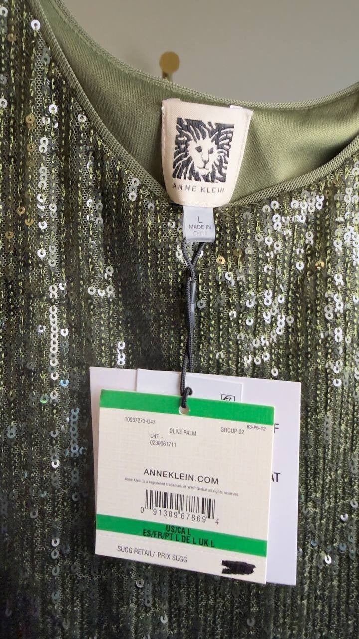 Anne Klein Sequin Double-Scoop Sleeveless Tank Olive Palm L NWT $69