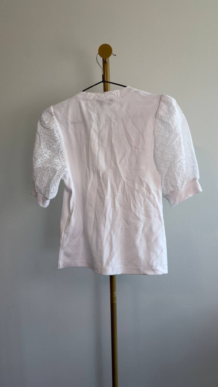 DKNY Jeans Petite Rib Body Eyelet V‑Neck Top White PXS NWT $59