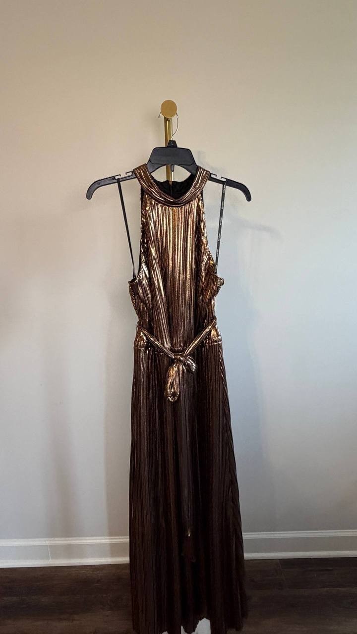 Anne Klein Metallic Mock‑Neck Halter Dress Bronze XL NWT $159