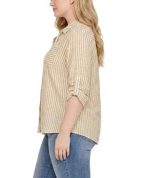 NY Collection 3/4‑Sleeve Roll Tab Button‑Front Top Yellow L NWT $46