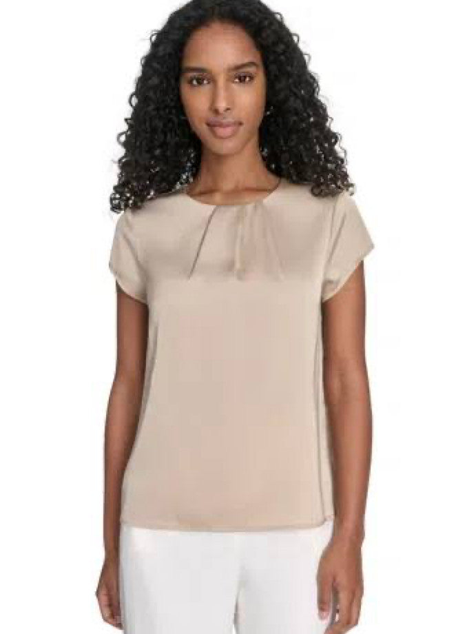 Calvin Klein Satin Pleat‑Neck Cap‑Sleeve Blouse Beige XS Good Condition msrp$59