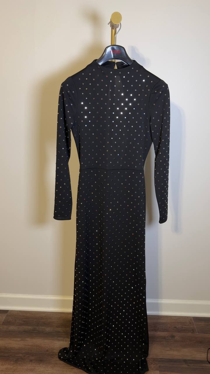 Mango Crystal Open-Back High-Collar Maxi Dress Black 6 NWOT $430